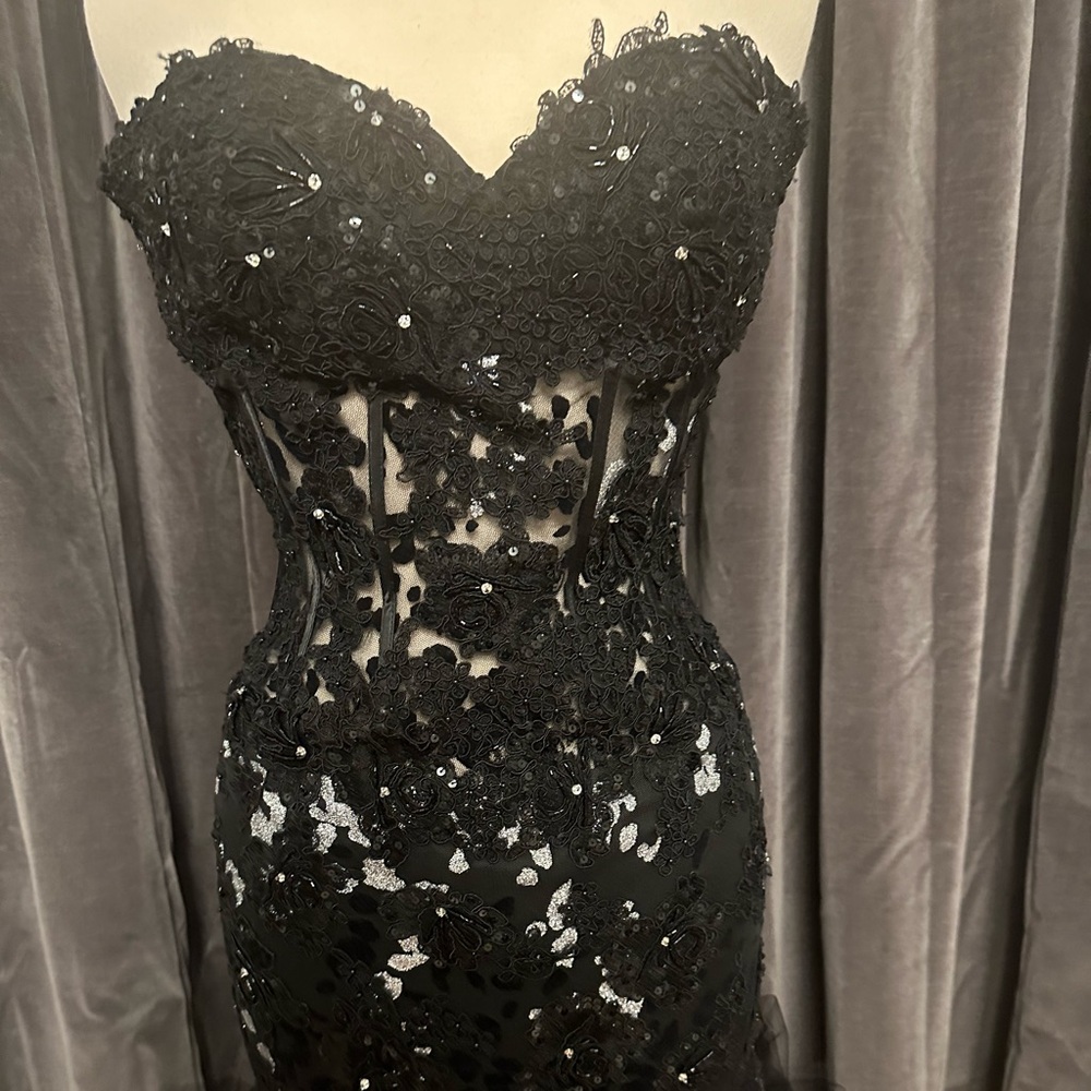 Jovani Strapless Black Gown sheer bodice boning Silver and Black sequins  Tulle